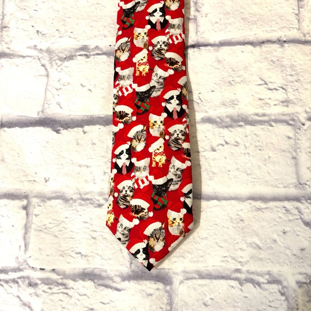 Bespoke Christmas Cats Holiday Tie Red Tie with Kitties Wearing Santa Hats NWT